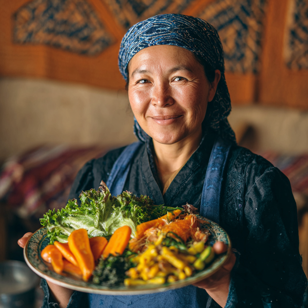 Happy middle-aged Uzbek woman preparing a balanced traditional meal in a bright kitchen